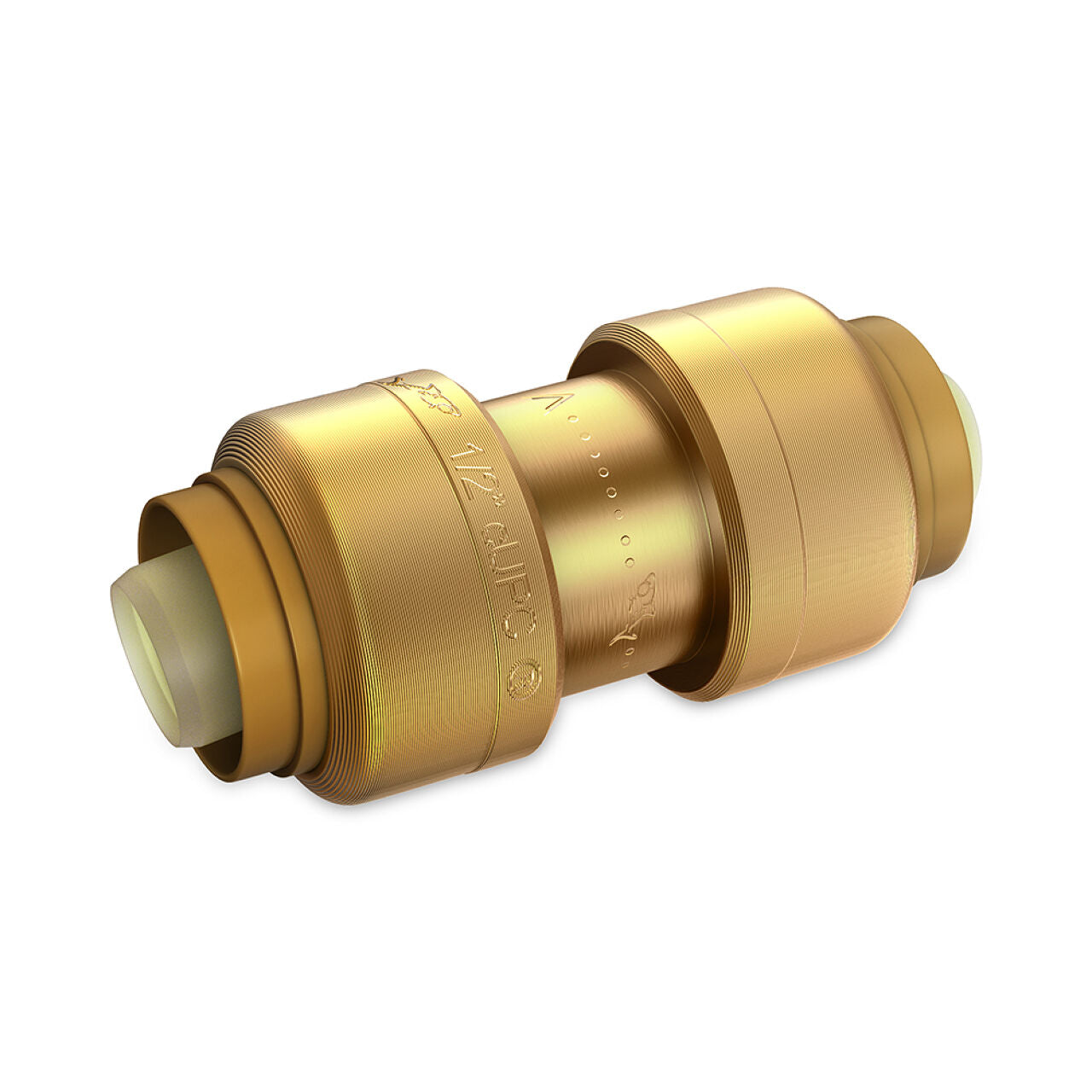 A gold-colored, cylindrical 3/4 in. Push-to-Connect Straight Coupling by Go Build, The Fastest Way To Build, features threaded ends and a central connector for joining two pipes in underground plumbing applications.